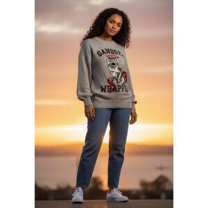 H&M Gray Gangsta Wrapper Sequin Pug Sweater XS Alpaca Blend Women's Pullover